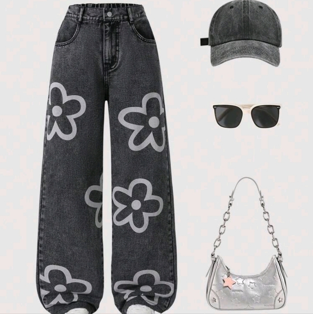 Trendy Black Jeans with Floral Design